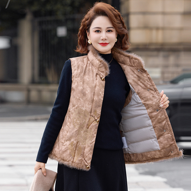 Kínai stílusú téli töltött mellény középkorú nőknek, virágos mintával, normál hosszúságú 50–65 cm, kényelmes anyag, tél 2025