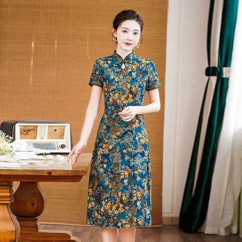 Haljina inspirirana Qipao od konopnine, midi duljina, slobodan kroj, dugo rukavi, visok ovratnik, gradski stil