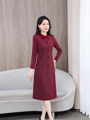 Haljina A-linije, dugi rukavi, košulni ovratnik, srednja duljina, poliester, elegantan gradski stil