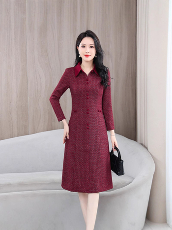 Haljina A-linije, dugi rukavi, košulni ovratnik, srednja duljina, poliester, elegantan gradski stil