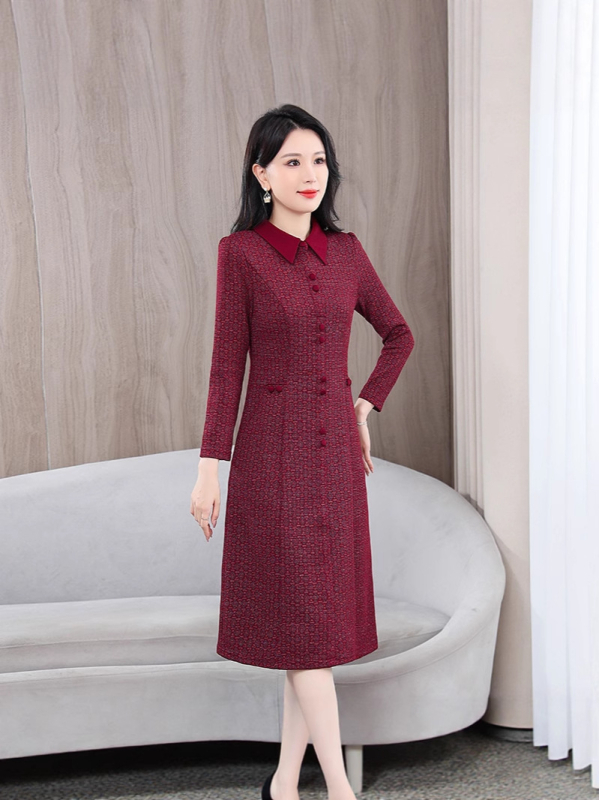 Haljina A-linije, dugi rukavi, košulni ovratnik, srednja duljina, poliester, elegantan gradski stil