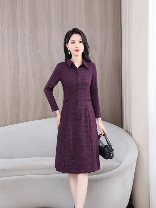 Haljina A-linije, dugi rukavi, košulni ovratnik, srednja duljina, poliester, elegantan gradski stil