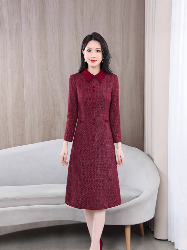Haljina A-linije, dugi rukavi, košulni ovratnik, srednja duljina, poliester, elegantan gradski stil