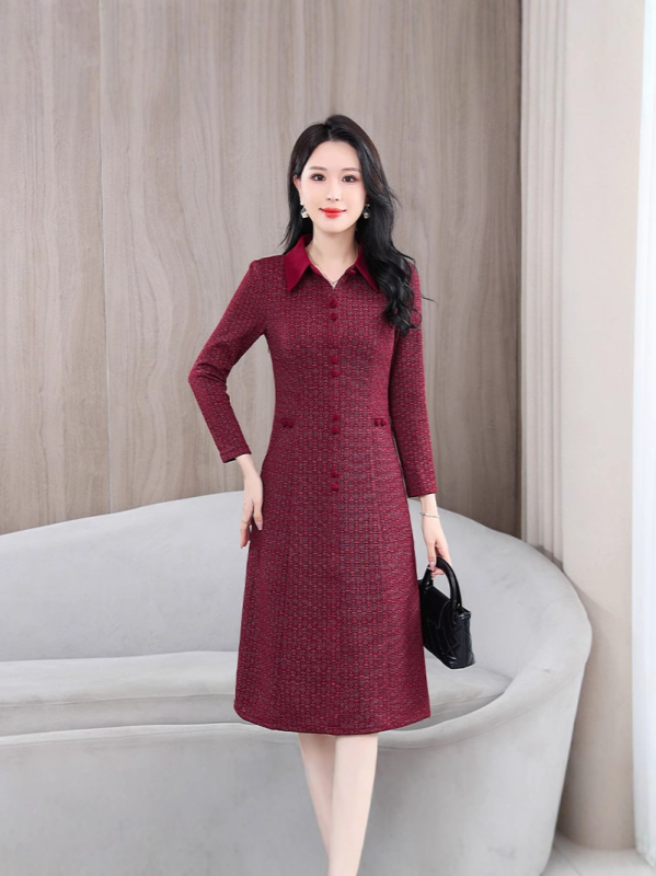 Haljina A-linije, dugi rukavi, košulni ovratnik, srednja duljina, poliester, elegantan gradski stil