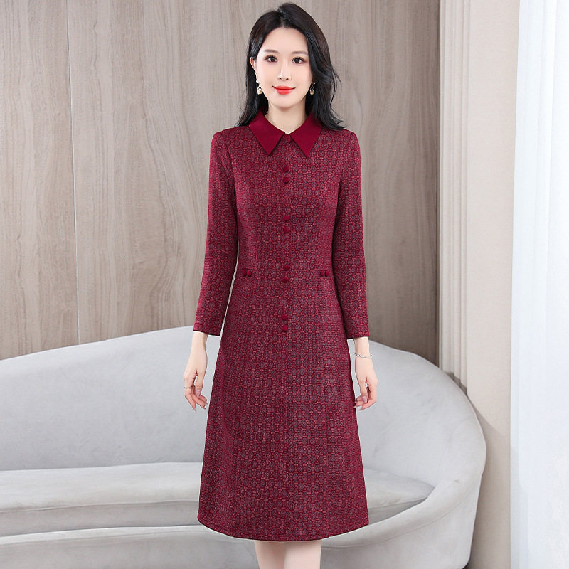 Haljina A-linije, dugi rukavi, košulni ovratnik, srednja duljina, poliester, elegantan gradski stil