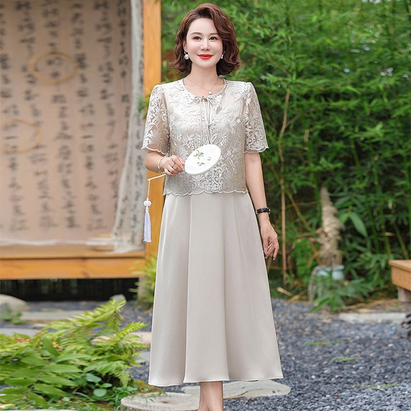 Dvostruki komplet: čipkasti top i midi haljina A-linije, visoki struk, kratkih rukava, okrugli izrez, mercerizirani poliester