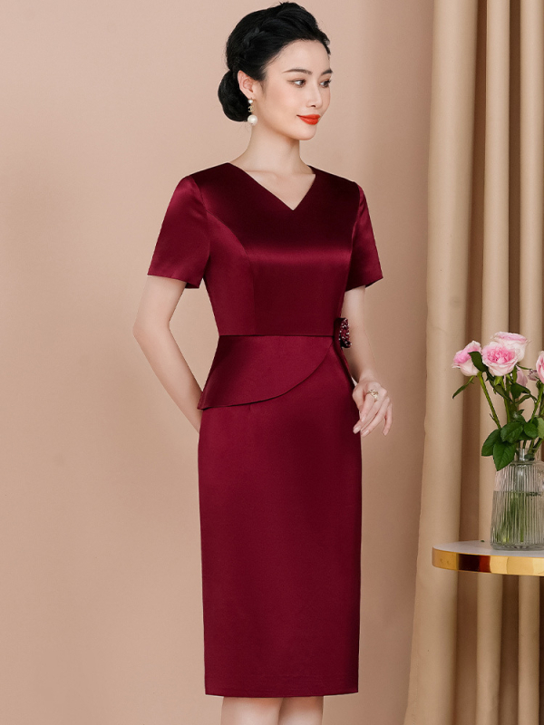 Haljina s V izrezom, prekrivanje trbuha, elegantan stil; acetatno vlakno 70–80%, poliester <30%, srednja duljina, panhua šav