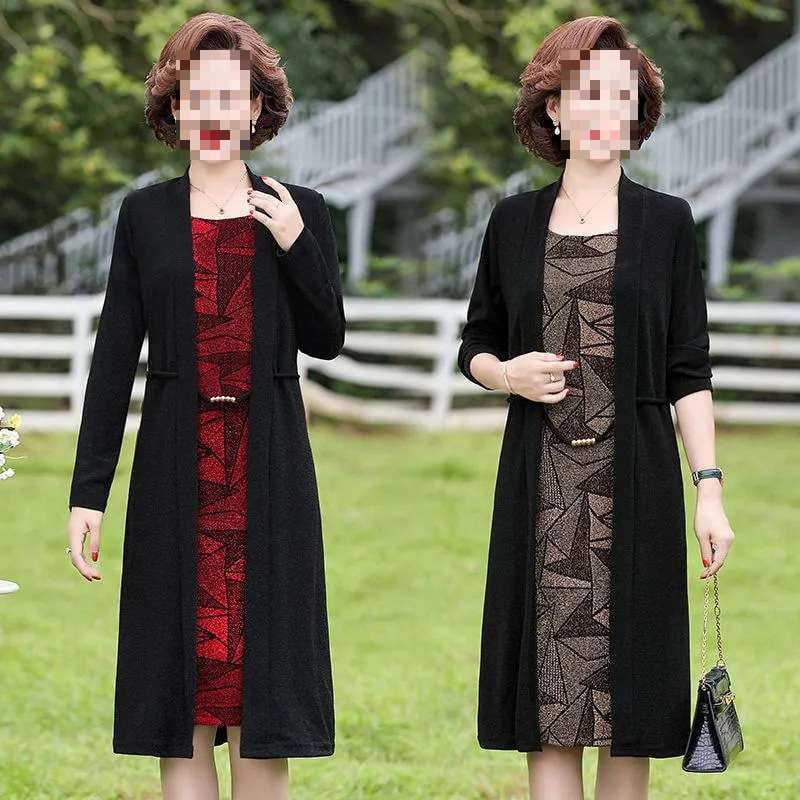 Semiš materijala haljina s dugim rukavima, A-linija kroja, lažni dvodijelni izgled, gradski stil, srednji pojas, okrugli izrez, mješavina poliestera i elastana