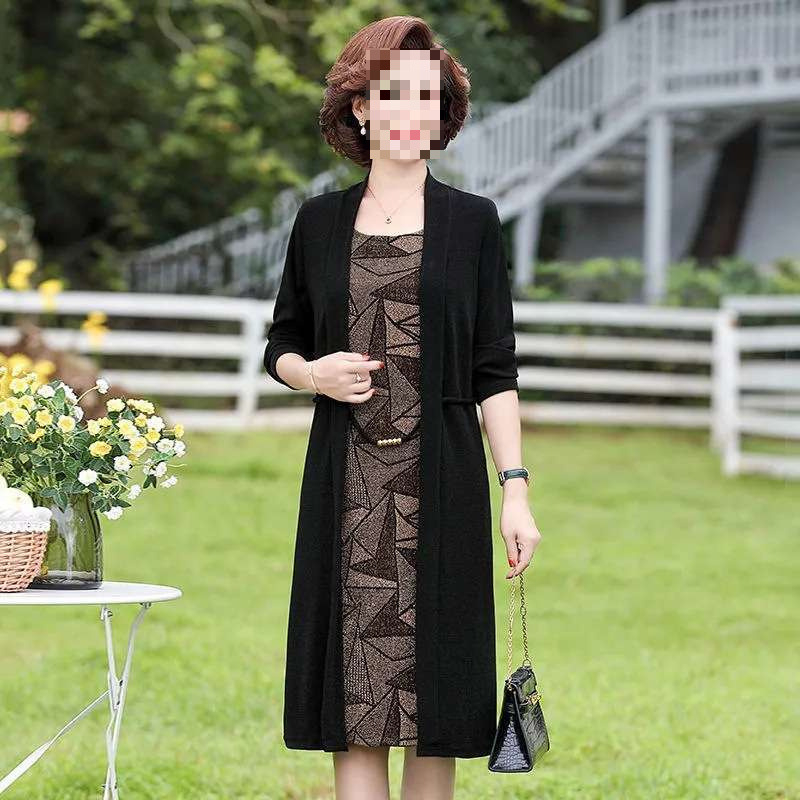 Semiš materijala haljina s dugim rukavima, A-linija kroja, lažni dvodijelni izgled, gradski stil, srednji pojas, okrugli izrez, mješavina poliestera i elastana
