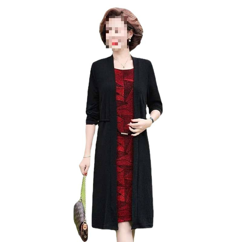 Semiš materijala haljina s dugim rukavima, A-linija kroja, lažni dvodijelni izgled, gradski stil, srednji pojas, okrugli izrez, mješavina poliestera i elastana