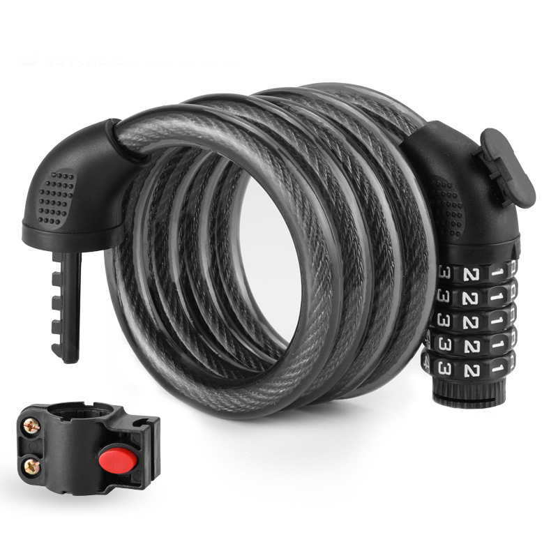 Ötjegyű kerékpárbiztonsági zár – hordozható hegyi kerékpár zár, MK0301, anyagok: ABS + acélkábel + PVC + cinkötvözet zármag, 250 g, modern minimalist dizájn