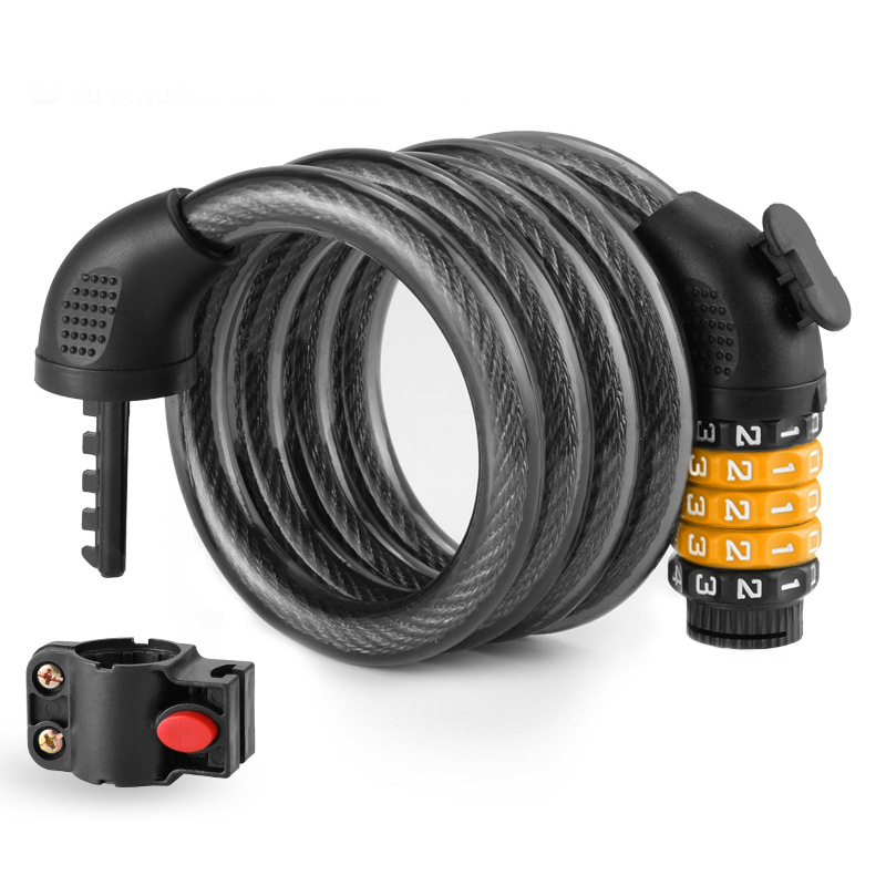 Ötjegyű kerékpárbiztonsági zár – hordozható hegyi kerékpár zár, MK0301, anyagok: ABS + acélkábel + PVC + cinkötvözet zármag, 250 g, modern minimalist dizájn