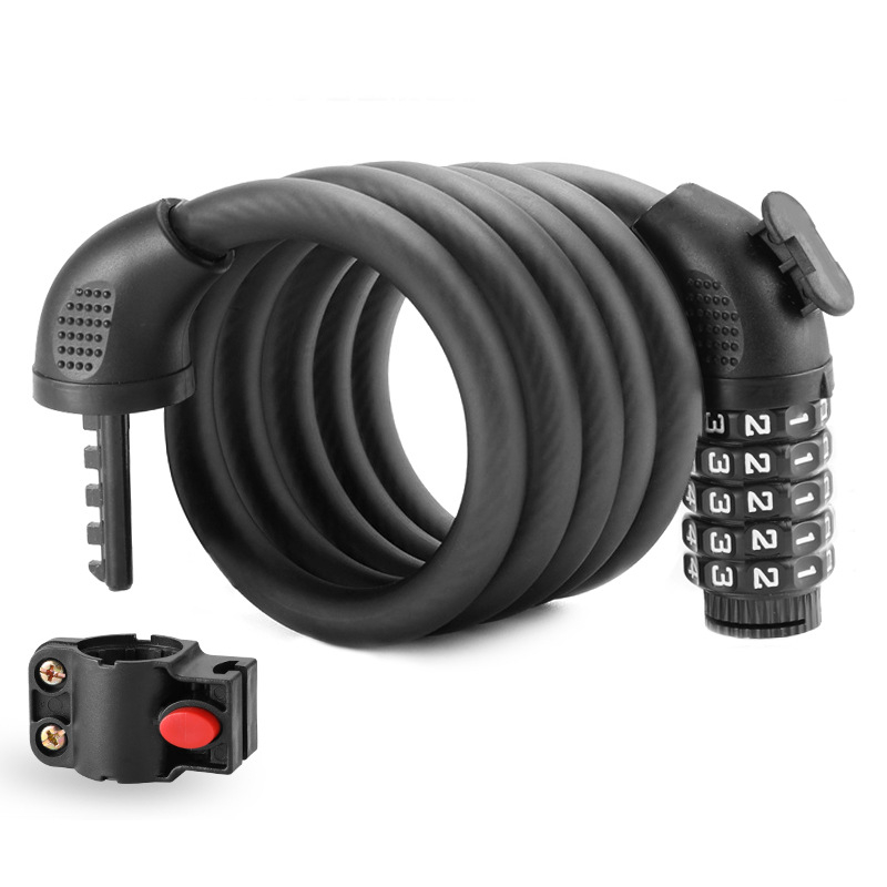 Ötjegyű kerékpárbiztonsági zár – hordozható hegyi kerékpár zár, MK0301, anyagok: ABS + acélkábel + PVC + cinkötvözet zármag, 250 g, modern minimalist dizájn