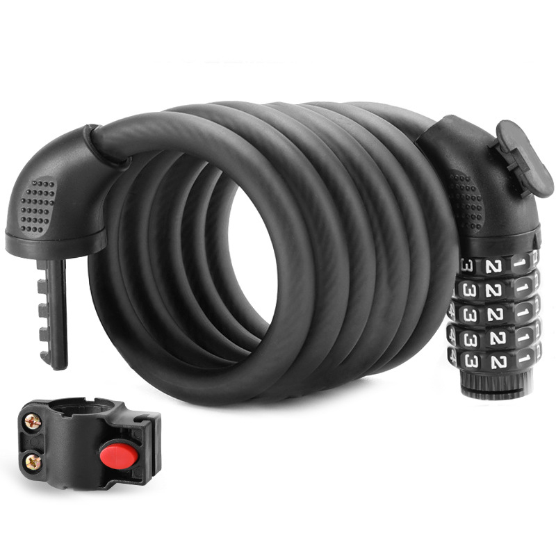 Ötjegyű kerékpárbiztonsági zár – hordozható hegyi kerékpár zár, MK0301, anyagok: ABS + acélkábel + PVC + cinkötvözet zármag, 250 g, modern minimalist dizájn