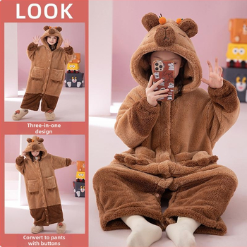 Παιδικό σετ πιτζάμας με κουκούλα από Coral Fleece (δύο τεμαχίων) – μοτίβο Cartoon, κορεατικό στυλ, χειμώνας, παχύ ύφασμα, 100% πολυεστέρας