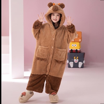 Παιδικό σετ πιτζάμας με κουκούλα από Coral Fleece (δύο τεμαχίων) – μοτίβο Cartoon, κορεατικό στυλ, χειμώνας, παχύ ύφασμα, 100% πολυεστέρας