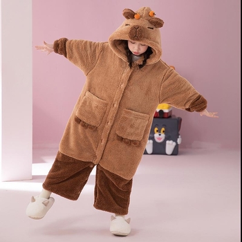 Παιδικό σετ πιτζάμας με κουκούλα από Coral Fleece (δύο τεμαχίων) – μοτίβο Cartoon, κορεατικό στυλ, χειμώνας, παχύ ύφασμα, 100% πολυεστέρας