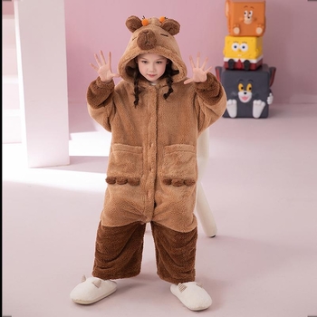 Παιδικό σετ πιτζάμας με κουκούλα από Coral Fleece (δύο τεμαχίων) – μοτίβο Cartoon, κορεατικό στυλ, χειμώνας, παχύ ύφασμα, 100% πολυεστέρας