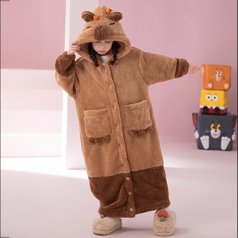 Παιδικό σετ πιτζάμας με κουκούλα από Coral Fleece (δύο τεμαχίων) – μοτίβο Cartoon, κορεατικό στυλ, χειμώνας, παχύ ύφασμα, 100% πολυεστέρας
