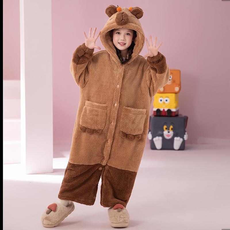 Παιδικό σετ πιτζάμας με κουκούλα από Coral Fleece (δύο τεμαχίων) – μοτίβο Cartoon, κορεατικό στυλ, χειμώνας, παχύ ύφασμα, 100% πολυεστέρας