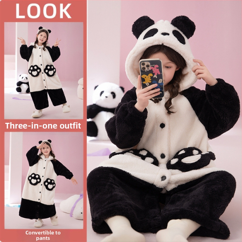 Παιδικό σετ πιτζάμας με κουκούλα από Coral Fleece (δύο τεμαχίων) – μοτίβο Cartoon, κορεατικό στυλ, χειμώνας, παχύ ύφασμα, 100% πολυεστέρας