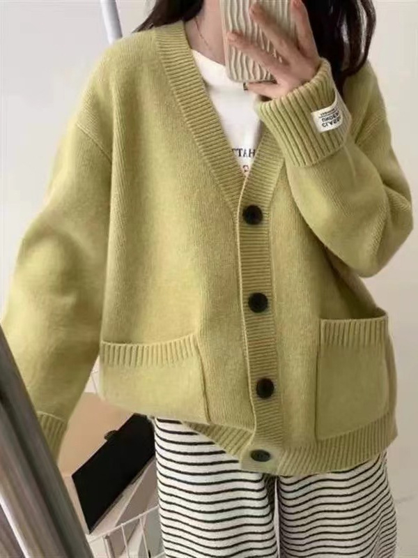 Ženski kardigan s V-izrezom, pleteni od ovčje vune, dugi rukavi, obična duljina, casual japansko-korejski stil