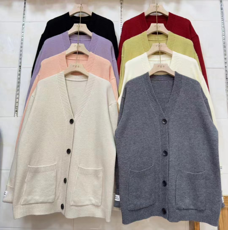 Ženski kardigan s V-izrezom, pleteni od ovčje vune, dugi rukavi, obična duljina, casual japansko-korejski stil