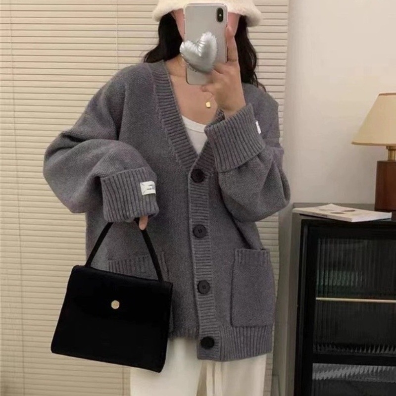 Ženski kardigan s V-izrezom, pleteni od ovčje vune, dugi rukavi, obična duljina, casual japansko-korejski stil