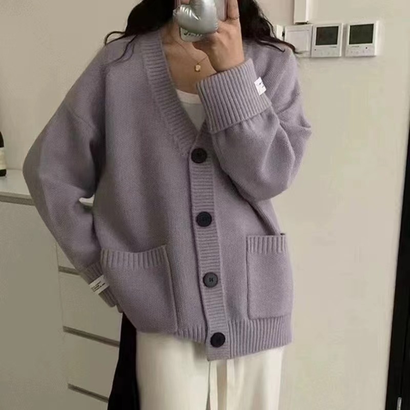 Ženski kardigan s V-izrezom, pleteni od ovčje vune, dugi rukavi, obična duljina, casual japansko-korejski stil