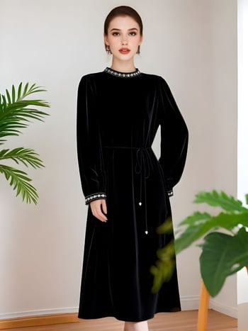 Patchwork haljina od svile velur, mulberry svila paneli, okrugli ovratnik, dugi rukavi, srednja duljina, A-linija, elegantan gradski stil, proljeće 2026