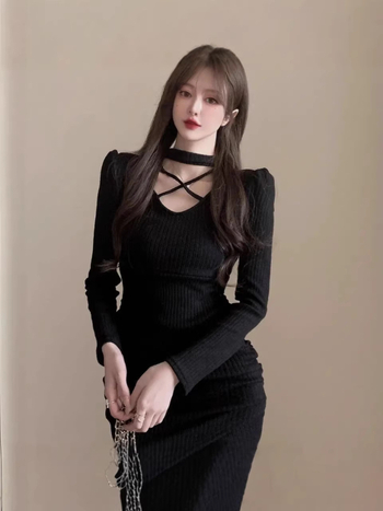 Wrap haljina s halter izrezom, dugi rukavi, visok struk, poliester, bez nabiranja