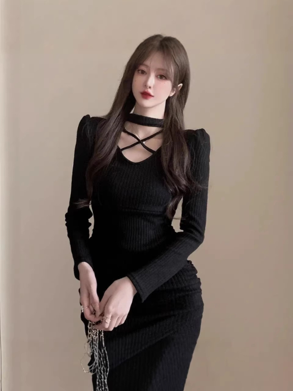 Wrap haljina s halter izrezom, dugi rukavi, visok struk, poliester, bez nabiranja