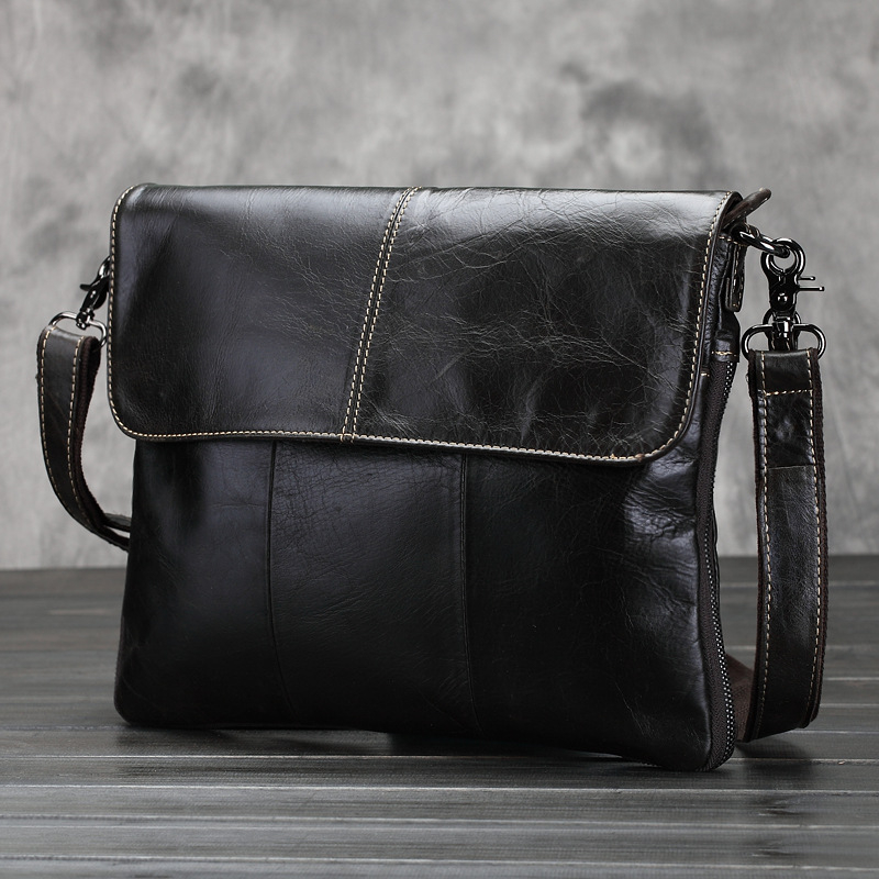 Muška torba preko ramena od prave kože, gornji sloj teleće kože, urban minimalistički stil, model 094