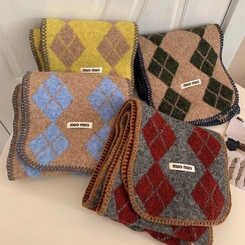 Ženski pleteni šal – korejskog stila s dijamantnim uzorkom, warp knitting, topao, otporan na vjetar, zima