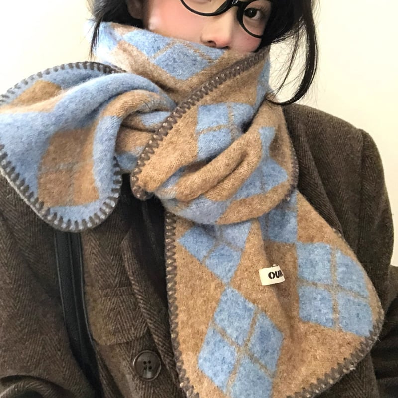 Ženski pleteni šal – korejskog stila s dijamantnim uzorkom, warp knitting, topao, otporan na vjetar, zima
