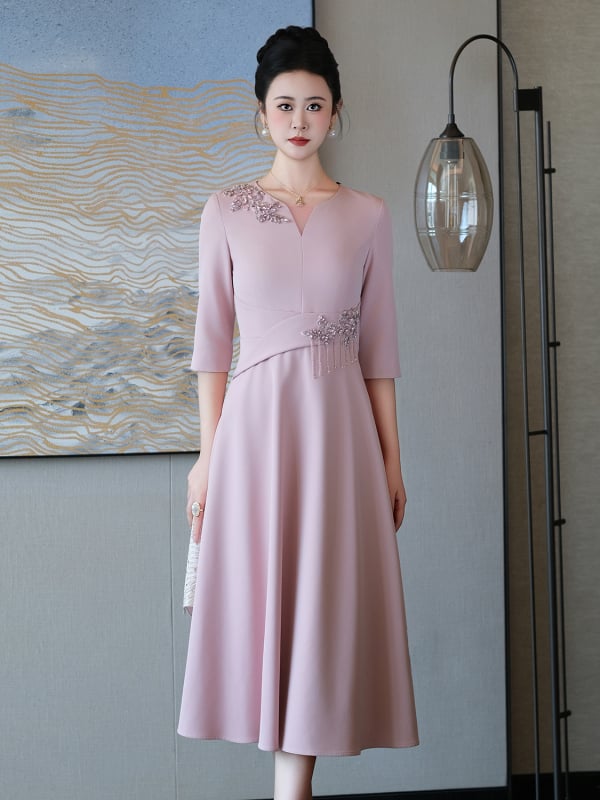 Haljina za tastu za svadbeni banket, jesen 2025, Micro-elastic Worsted Fine Twill tkanina, Poliester >95%, Spandex <30%, srednja duljina