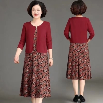 Midi haljina s dugim rukavima, poliester, okrugli izrez, A-linijski kroj, lažni dvodijelni set