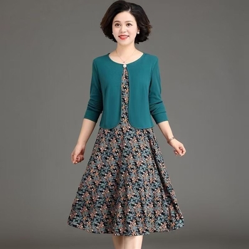 Midi haljina s dugim rukavima, poliester, okrugli izrez, A-linijski kroj, lažni dvodijelni set