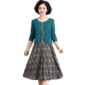 Midi haljina s dugim rukavima, poliester, okrugli izrez, A-linijski kroj, lažni dvodijelni set