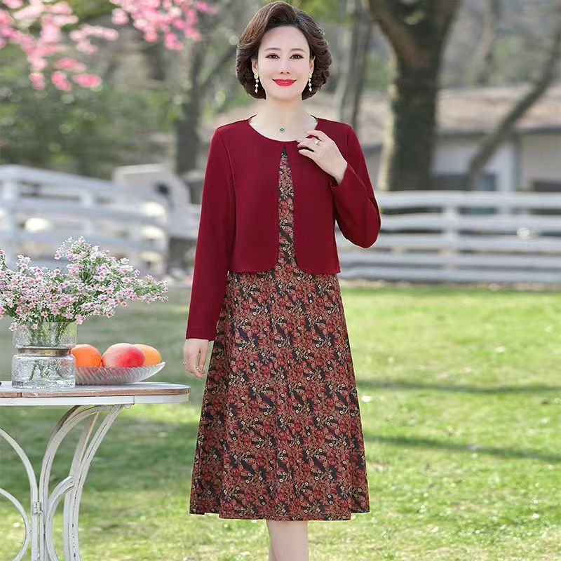 Midi haljina s dugim rukavima, poliester, okrugli izrez, A-linijski kroj, lažni dvodijelni set