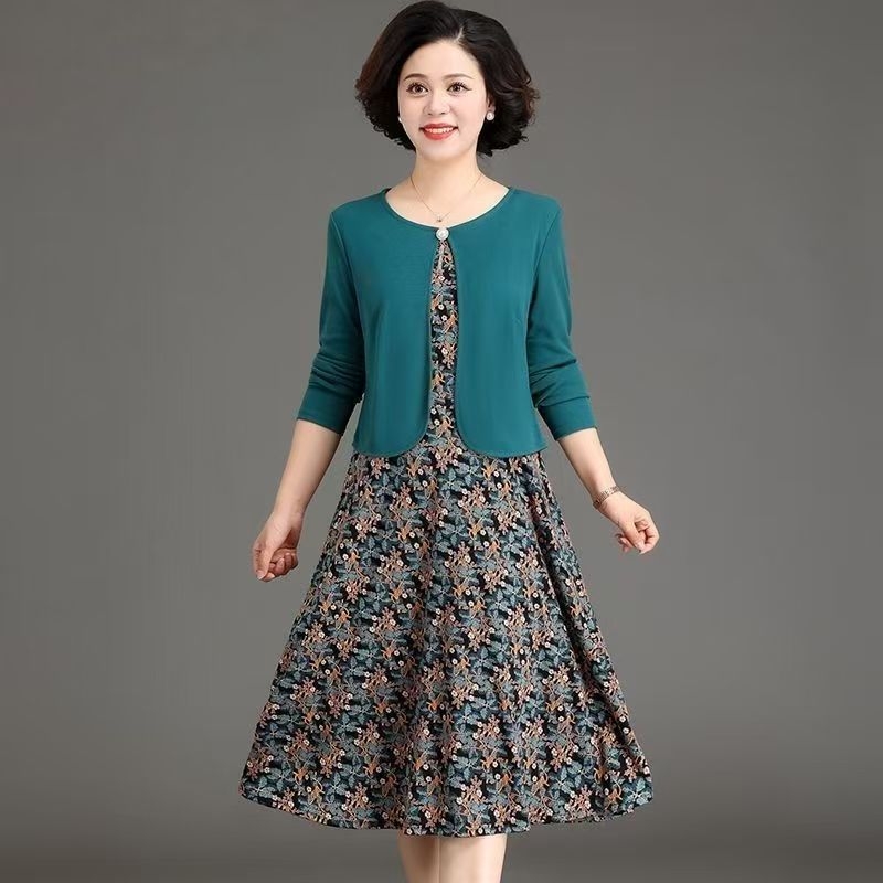 Midi haljina s dugim rukavima, poliester, okrugli izrez, A-linijski kroj, lažni dvodijelni set