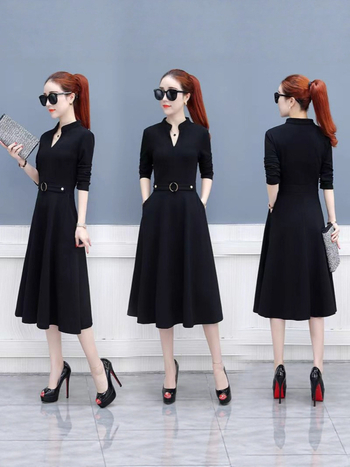 Elegáns mindennapi ruha hosszú ujjú, V-nyakú, A-vonalú, középső hosszúságú, poliészter 80–90%