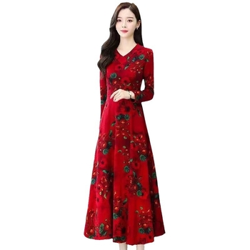 Haljina A-line s floralnim uzorkom, V-dekolte, duge rukave, visok struk, srednje duljine, poliester