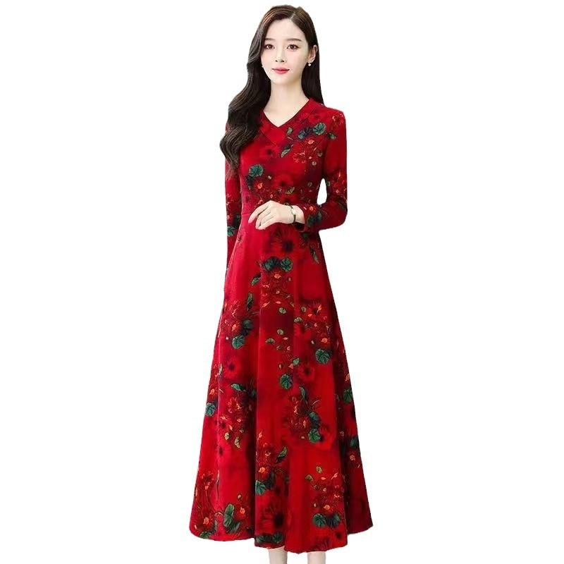 Haljina A-line s floralnim uzorkom, V-dekolte, duge rukave, visok struk, srednje duljine, poliester