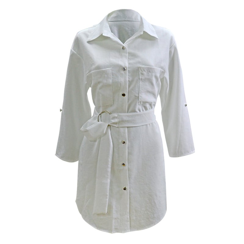 Haljina-bluza s vezicama, neravni rub, poliester s elastanom, dugi rukavi, ovratnik s reverom, podesivi pojas