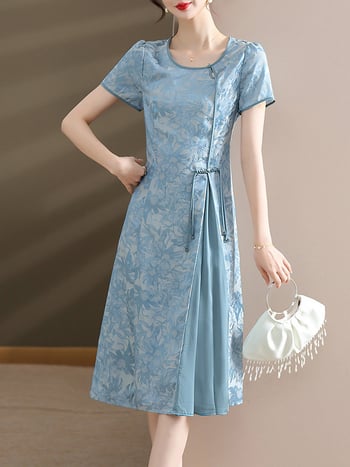 Ruha — chiffon anyag, virágos minta, középméretű hossz, A-vonalú sziluett, kerek nyakú