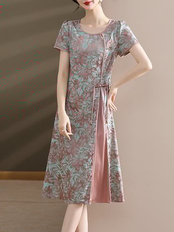 Ruha — chiffon anyag, virágos minta, középméretű hossz, A-vonalú sziluett, kerek nyakú