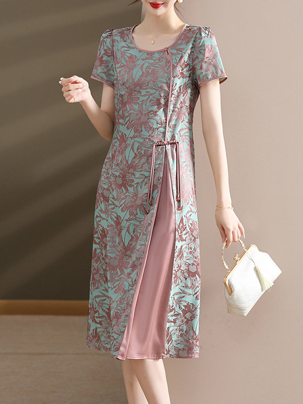 Ruha — chiffon anyag, virágos minta, középméretű hossz, A-vonalú sziluett, kerek nyakú