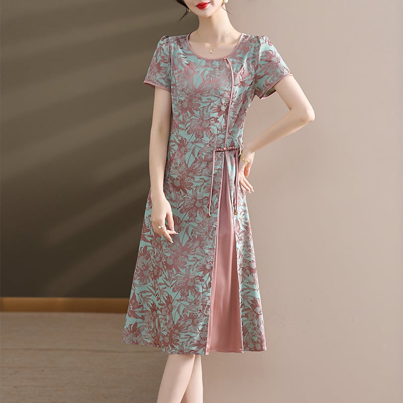 Ruha — chiffon anyag, virágos minta, középméretű hossz, A-vonalú sziluett, kerek nyakú