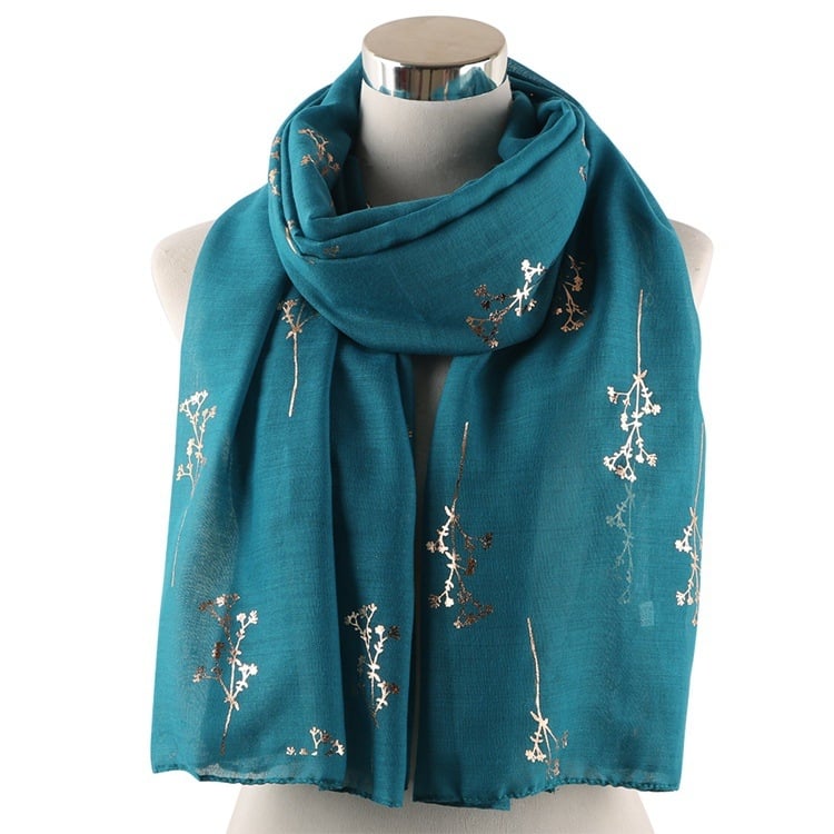 Női sál aranyozott ág mintával — poliészter; sima szövés; nyomtatás; dekoráció; geometriai mintázat